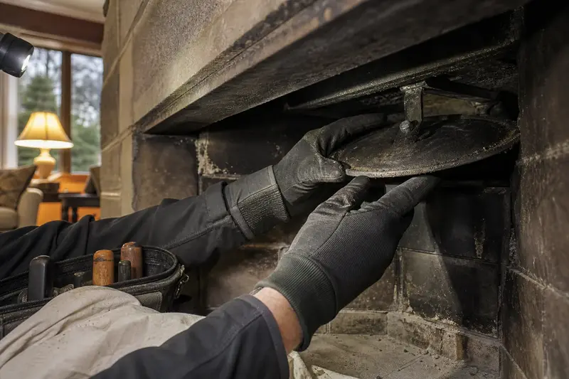 Gloved hands working a cast-iron damper plate inside a cold masonry firebox; illustrative image