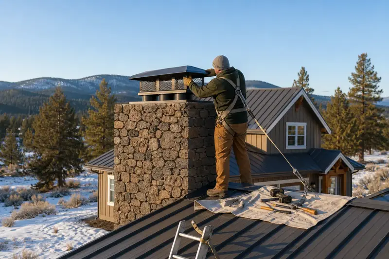 A harnessed technician fastening a multi-flue cap over the crown of a volcanic stone chimney on a metal roof; illustrative image