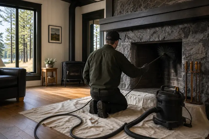 A technician feeding a rotary chimney brush up the flue of an open masonry wood-burning fireplace, drop cloths and a sealed vacuum on the hearth; illustrative image