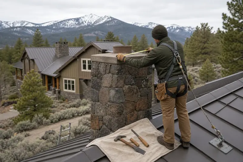 A harnessed mason measuring the crown of a volcanic stone chimney on a metal roof with a folding rule; illustrative image