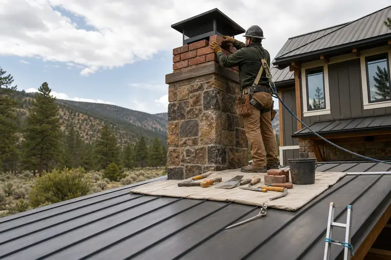 A harnessed mason setting a replacement brick near the top of a brick chimney with a spark arrestor cap on a metal roof; illustrative image