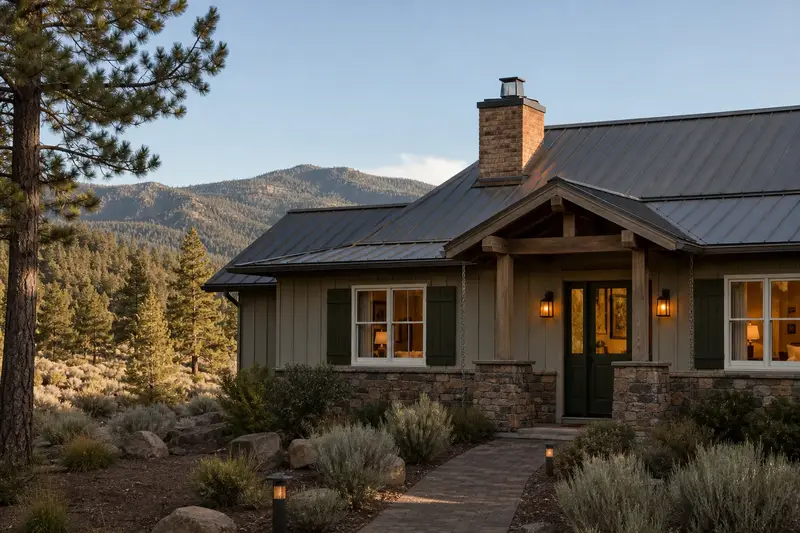 A 2000s mountain modern house with a metal roof with a brick chimney with a spark arrestor cap on a metal roof and warm lamp-lit windows; illustrative image