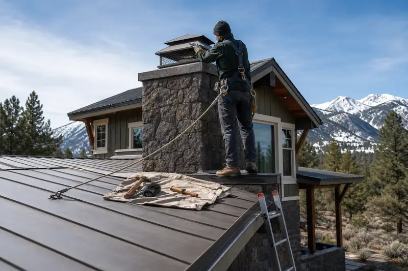 A harnessed technician examining the crown and cap of a volcanic stone chimney on a metal roof from a dry roof; illustrative image
