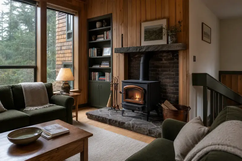 A lived-in family room with a cast-iron wood stove on a stone hearth pad, books on built-in shelves and a lamp lit, no one present; illustrative image