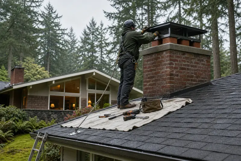 A harnessed technician fastening a multi-flue cap over the crown of a brick chimney with a concrete crown on a composition shingle roof; illustrative image