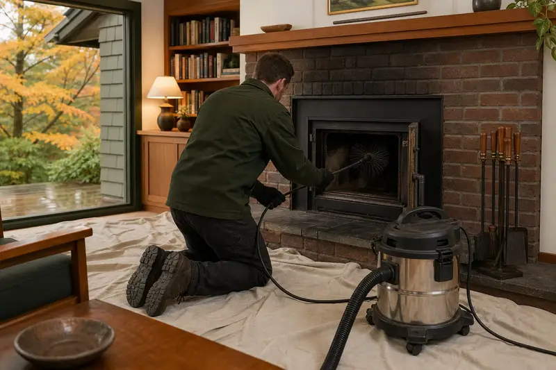A technician feeding a rotary chimney brush up the flue of a wood-burning insert in a brick opening, drop cloths and a sealed vacuum on the hearth; illustrative image