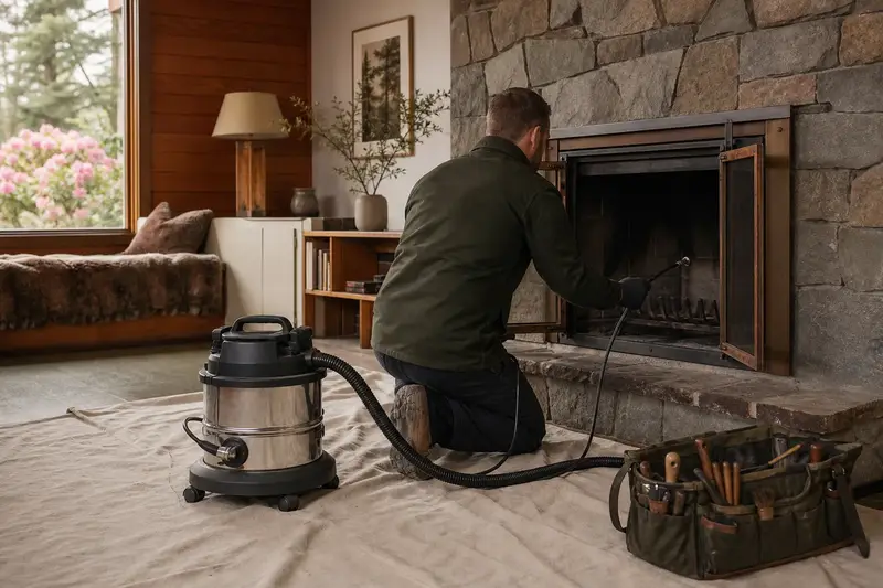 A technician guiding an inspection camera into the firebox of a factory-built wood-burning fireplace with a stone facing, the fireplace cold and unlit; illustrative image