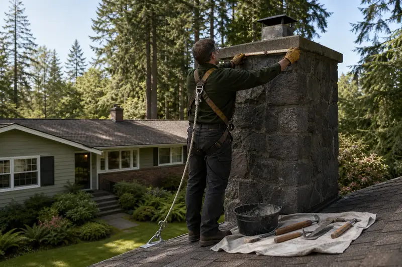 A harnessed mason measuring the crown of a basalt stone chimney on a steep gable roof with a folding rule; illustrative image