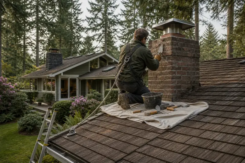 A harnessed mason repointing mortar joints on a brick chimney with a stainless steel cap on a cedar shake roof with a pointing trowel; illustrative image