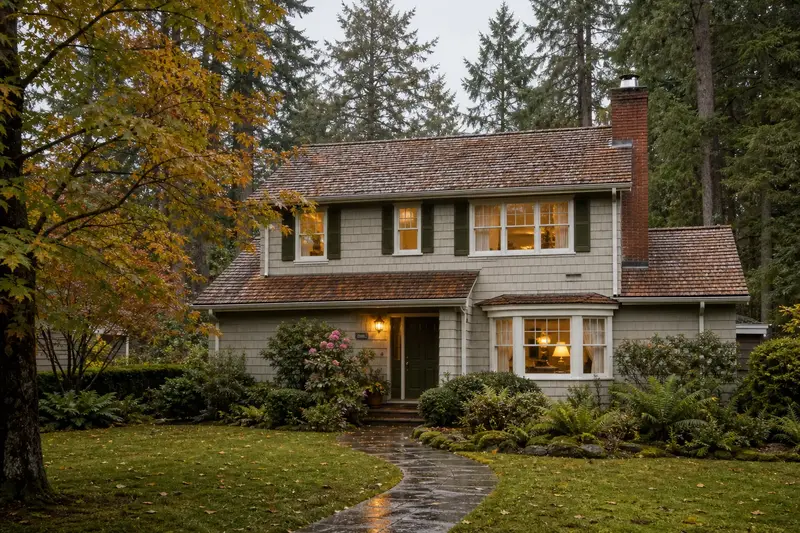 A 1970s two-story suburban house with shingle siding with a brick chimney with a stainless steel cap on a cedar shake roof, lit windows and a swept front walk; illustrative image