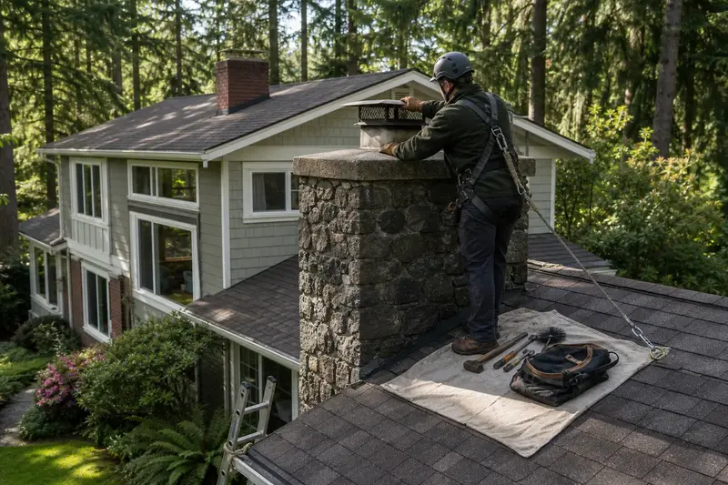 A harnessed technician examining the crown and cap of a basalt stone chimney on a steep gable roof from a dry roof; illustrative image
