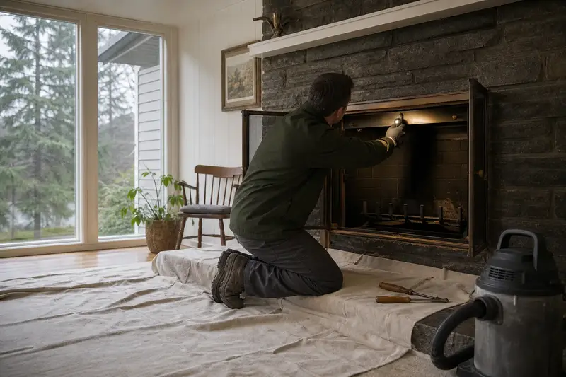 A technician adjusting the damper handle of a factory-built wood-burning fireplace with a stone facing by flashlight, the fireplace cold; illustrative image