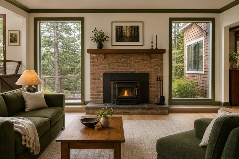 A clean hearth room with a wood-burning insert in a brick opening and fireplace tools on a stand; illustrative image