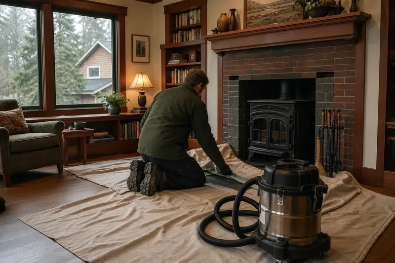 A technician setting drop cloths and a sealed vacuum in front of a cast-iron wood stove on a stone hearth pad before a cleaning; illustrative image