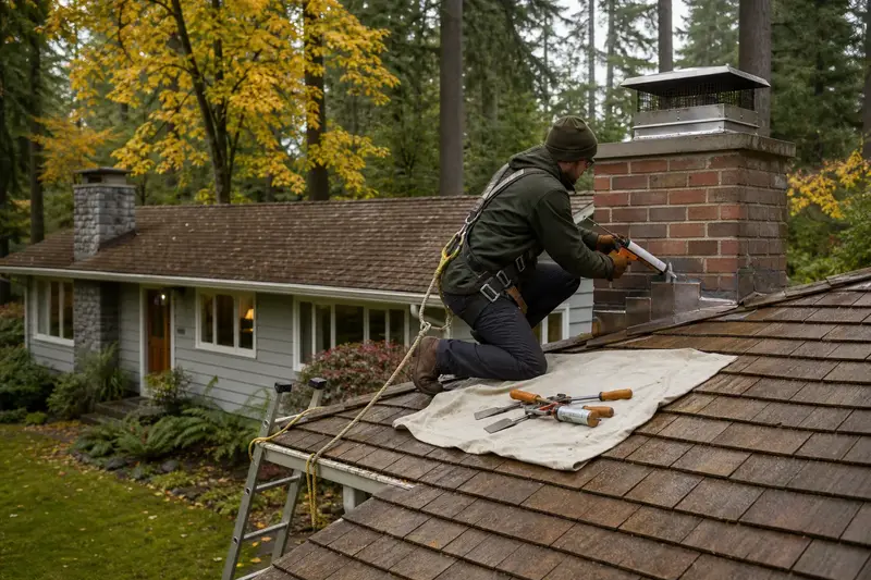A harnessed technician sealing the step flashing where a brick chimney with a stainless steel cap on a cedar shake roof meets the roof; illustrative image