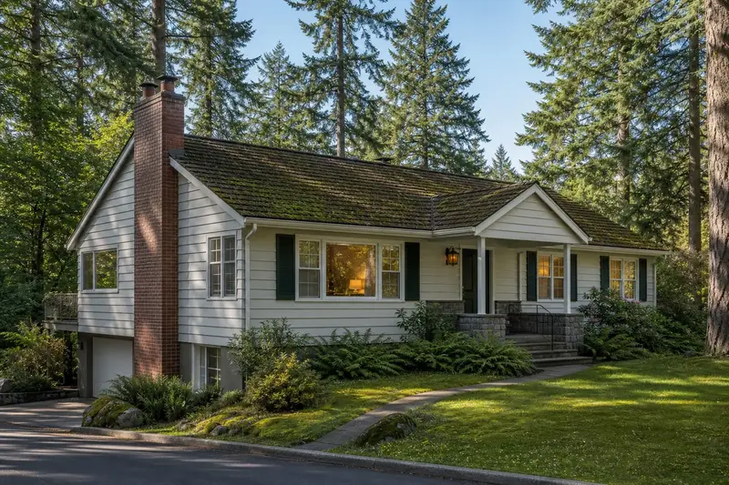 A 1990s daylight ranch house with lap siding with a two-flue brick chimney on a mossy shingle roof rising above a steep roof; illustrative image