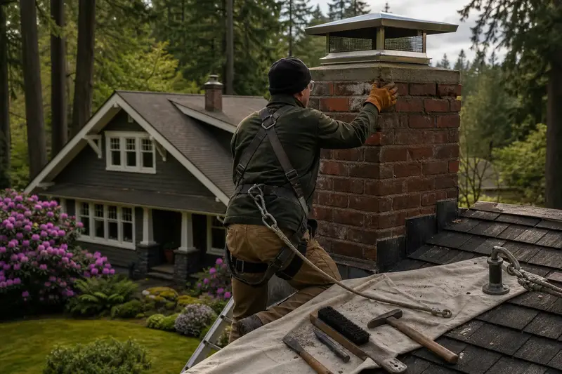 A harnessed mason examining the upper courses of a brick chimney with a stainless steel cap on a cedar shake roof with a gloved hand; illustrative image