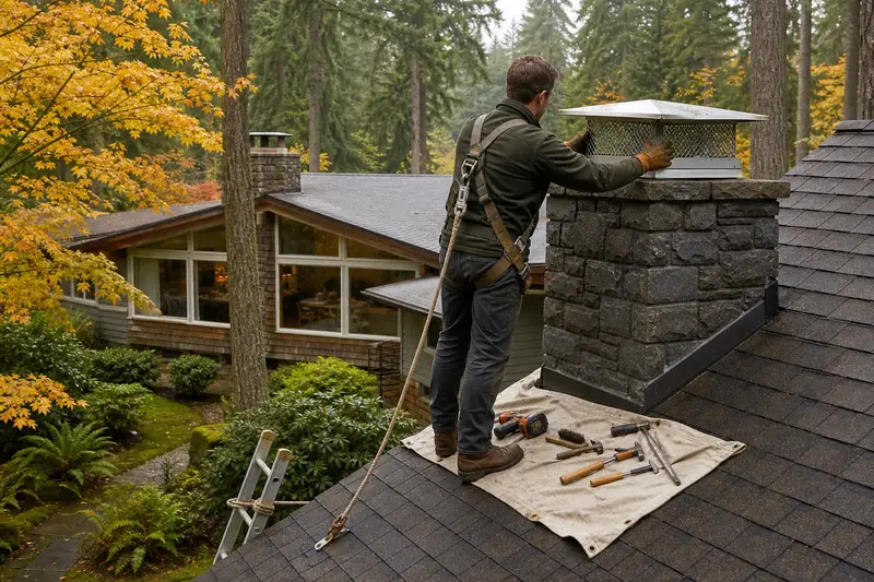 A harnessed technician setting a stainless steel mesh chimney cap onto a basalt stone chimney on a steep gable roof; illustrative image