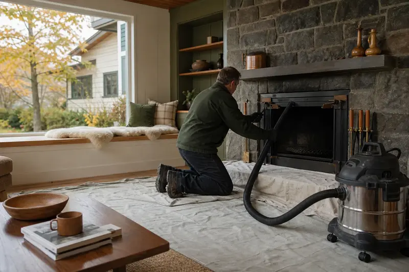 A technician kneeling at a factory-built wood-burning fireplace with a stone facing with a sealed vacuum and drop cloths, the fireplace cold and unlit; illustrative image