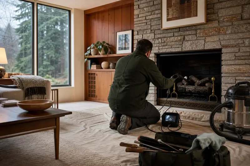 A technician guiding an inspection camera into the firebox of a vented gas log set in a masonry firebox, the fireplace cold and unlit; illustrative image