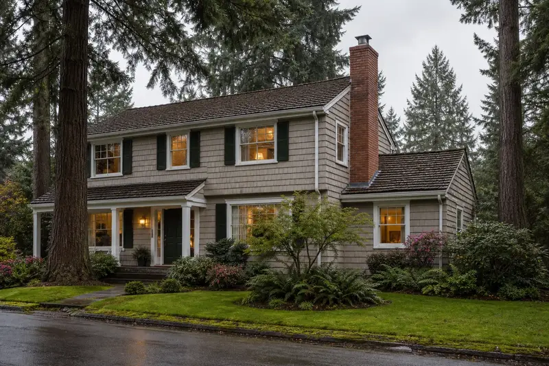 A 1960s two-story suburban house with shingle siding with a brick chimney with a stainless steel cap on a cedar shake roof and neat, even mortar joints; illustrative image