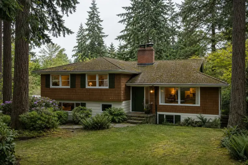A 1960s split-level house with cedar siding with a two-flue brick chimney on a mossy shingle roof and neat mortar joints; illustrative image