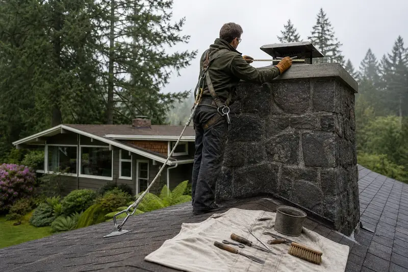 A harnessed mason measuring the crown of a basalt stone chimney on a steep gable roof with a folding rule; illustrative image