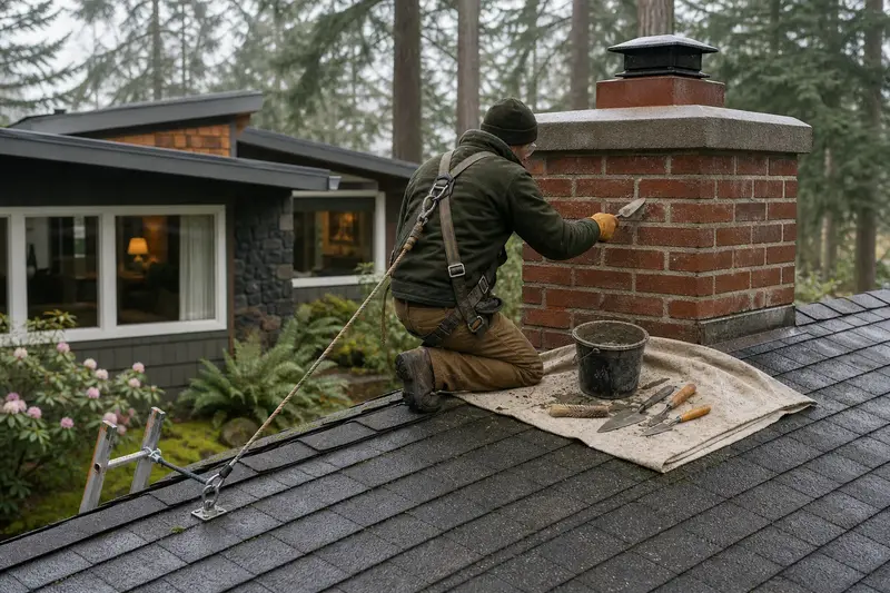 A harnessed mason repointing mortar joints on a brick chimney with a concrete crown on a composition shingle roof with a pointing trowel; illustrative image