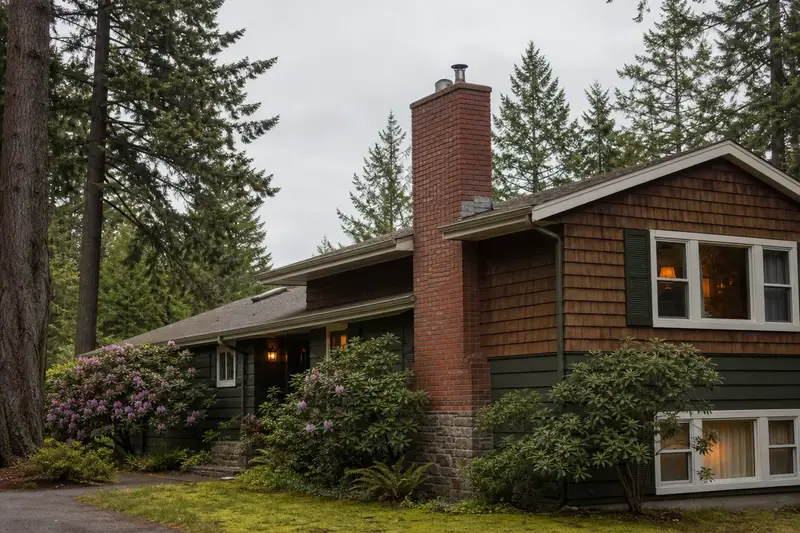 A 1960s split-level house with cedar siding seen from the street with a brick chimney with a concrete crown on a composition shingle roof; illustrative image
