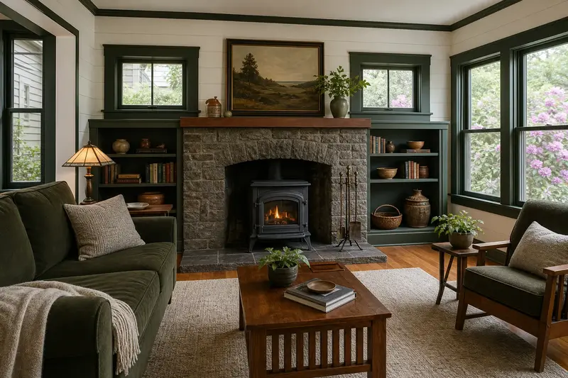 A bright hearth room with a cast-iron wood stove on a stone hearth pad and a clean stone surround; illustrative image