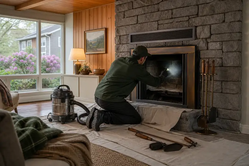 A technician checking the smoke chamber of a factory-built wood-burning fireplace with a stone facing by flashlight, the fireplace cold; illustrative image