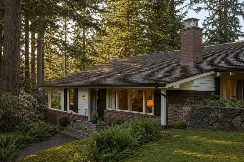 A 1960s Northwest contemporary house with wide eaves after steady rain with a brick chimney with a stainless steel cap on a cedar shake roof and a stainless steel cap; illustrative image