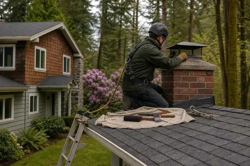 A harnessed technician examining the crown and cap of a brick chimney with a concrete crown on a composition shingle roof from a dry roof; illustrative image