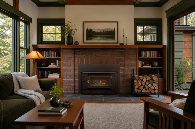 A hearth room with a wood-burning insert in a brick opening, split firewood in a steel rack and a clear hearth; illustrative image