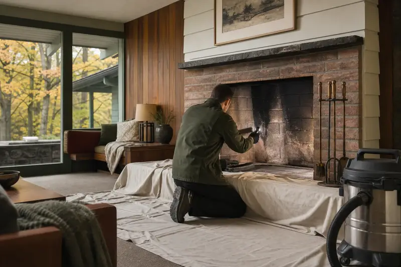 A technician checking the firebox walls of an open masonry wood-burning fireplace with a work light, a drop cloth on the hearth; illustrative image