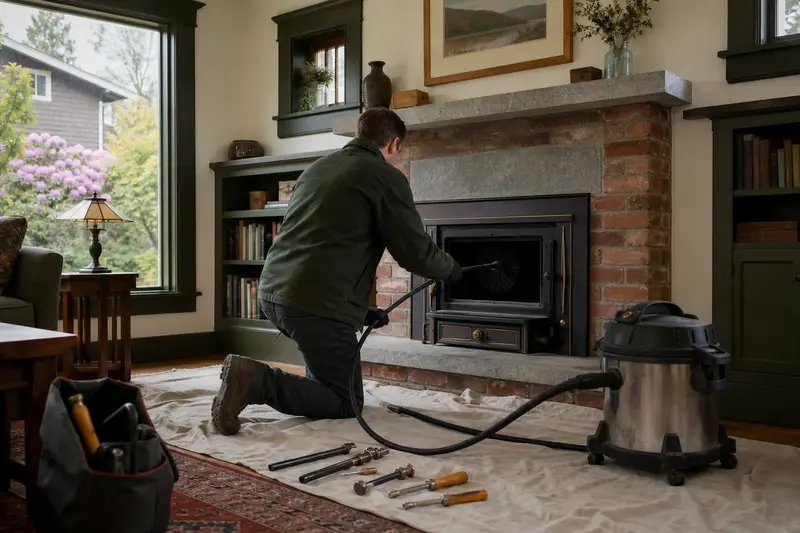 A technician feeding a rotary chimney brush up the flue of a wood-burning insert in a brick opening, drop cloths and a sealed vacuum on the hearth, the fireplace cold and unlit; illustrative image