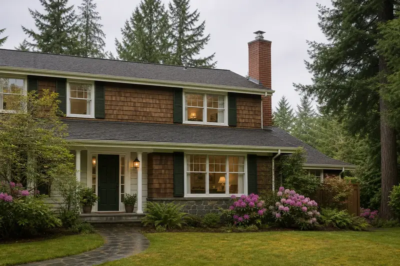 A 1980s two-story suburban house with shingle siding with a brick chimney with a concrete crown on a composition shingle roof topped by a new stainless steel cap; illustrative image