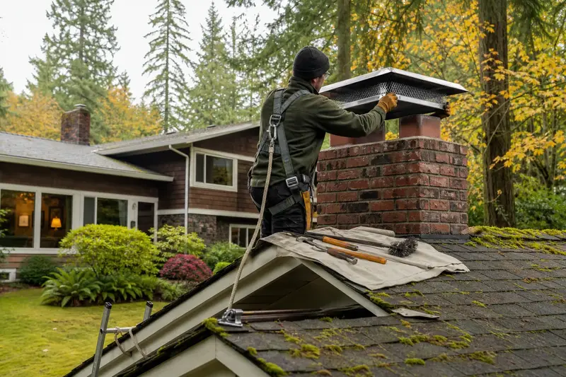 A harnessed technician setting a stainless steel mesh chimney cap onto a two-flue brick chimney on a mossy shingle roof; illustrative image