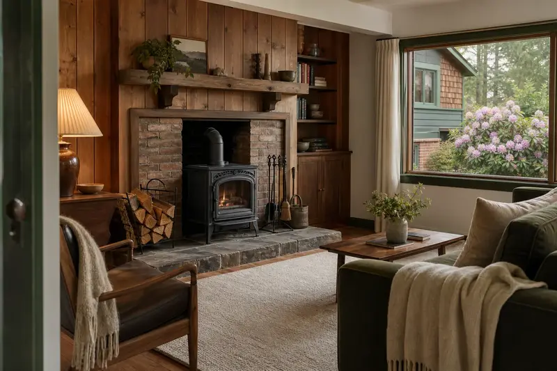 A tidy hearth room with a cast-iron wood stove on a stone hearth pad, a cleared hearth, fireplace tools and split firewood; illustrative image