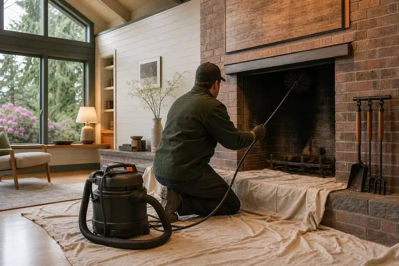A technician feeding a rotary chimney brush up the flue of an open masonry wood-burning fireplace, drop cloths and a sealed vacuum on the hearth; illustrative image