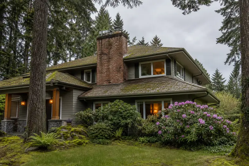 A 1980s Northwest contemporary house with wide eaves with a two-flue brick chimney on a mossy shingle roof and a stainless steel cap; illustrative image
