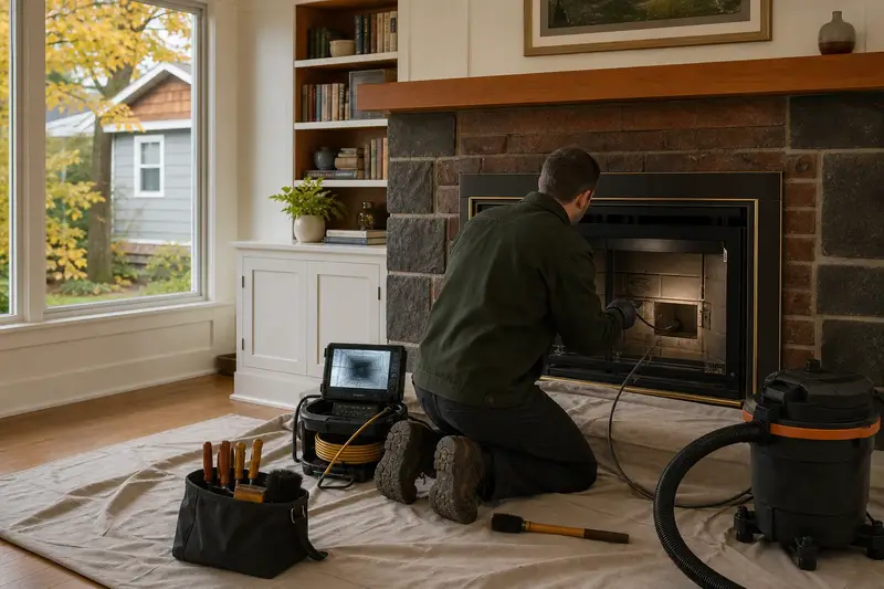 A technician guiding an inspection camera into the firebox of a direct-vent gas fireplace, the fireplace cold and unlit; illustrative image