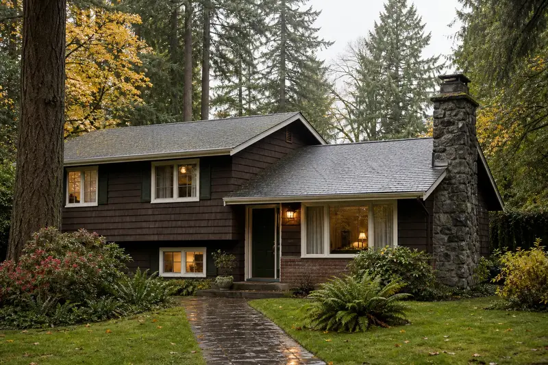 A 1980s split-level house with cedar siding with a basalt stone chimney on a steep gable roof rising above the roof; illustrative image