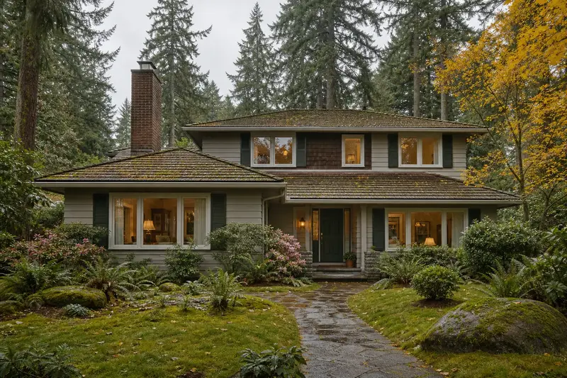 A 1980s Northwest contemporary house with wide eaves with a brick chimney with a stainless steel cap on a cedar shake roof and neat mortar joints; illustrative image