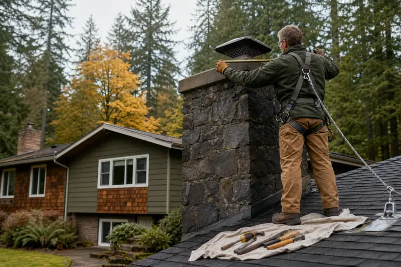 A harnessed mason measuring the crown of a basalt stone chimney on a steep gable roof with a folding rule; illustrative image
