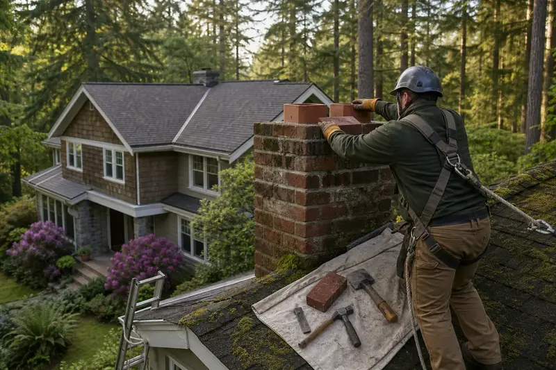 A harnessed mason setting a replacement brick near the top of a two-flue brick chimney on a mossy shingle roof; illustrative image