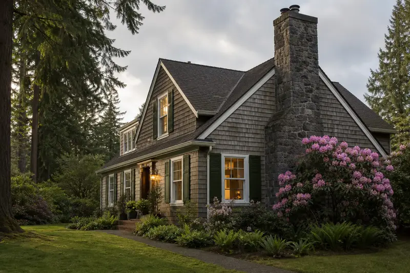 A 1980s two-story suburban house with shingle siding with a basalt stone chimney on a steep gable roof, lit windows and a swept front walk; illustrative image