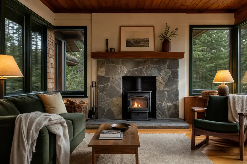 A bright hearth room with a cast-iron wood stove on a stone hearth pad and a clean stone surround; illustrative image