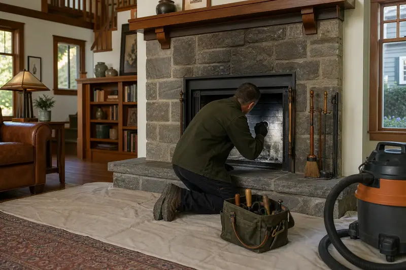 A technician checking the smoke chamber of a factory-built wood-burning fireplace with a stone facing by flashlight, the fireplace cold; illustrative image