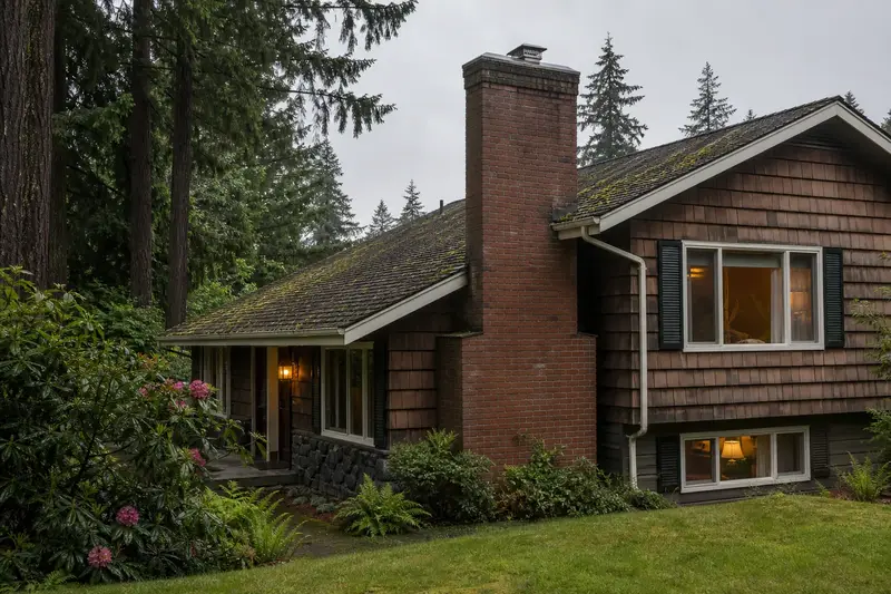 A 1980s split-level house with cedar siding after steady rain with a two-flue brick chimney on a mossy shingle roof and a stainless steel cap; illustrative image